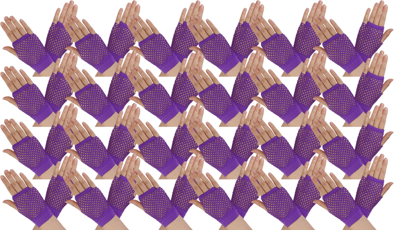 Load image into Gallery viewer, 24 Pair Fishnet Gloves Fingerless Wrist Length 70s 80s Costume Party - Purple-0
