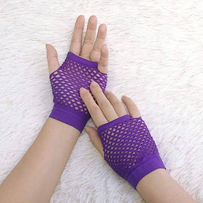 Load image into Gallery viewer, 24 Pair Fishnet Gloves Fingerless Wrist Length 70s 80s Costume Party - Purple-3