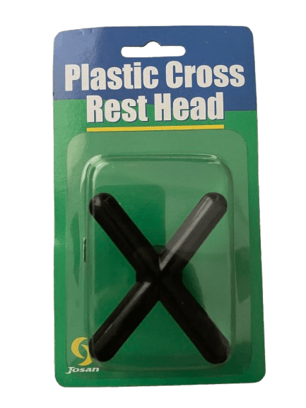 Load image into Gallery viewer, Pool Cue Plastic Cross Rest Head packaged in retail display, features a cross design for cue stability.