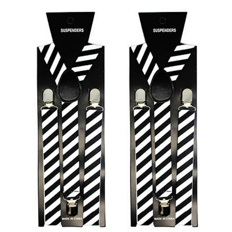 Load image into Gallery viewer, 2x Mens Suspenders Braces Adjustable Strong Clip On Elastic Formal Wedding Slim - Black/White Diagonal Stripes-1