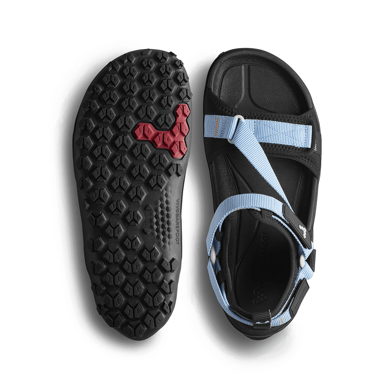Load image into Gallery viewer, Vivobarefoot Tracker Ora Sandal Womens Skyway top view, showcasing breathable design and rugged sole for hiking.