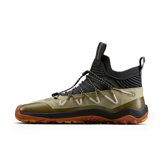 Vivobarefoot Primus Trail Flow Mid Mens Cedar in olive and black, designed for fast-packing performance and stability.