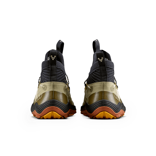 Back view of Vivobarefoot Primus Trail Flow Mid Mens Cedar showing durable design and quick lacing system.