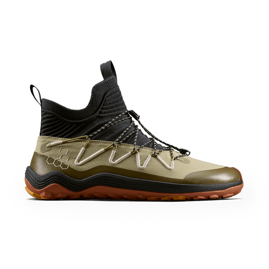 Vivobarefoot Primus Trail Flow Mid Mens Cedar side view showcasing breathable design and performance features.