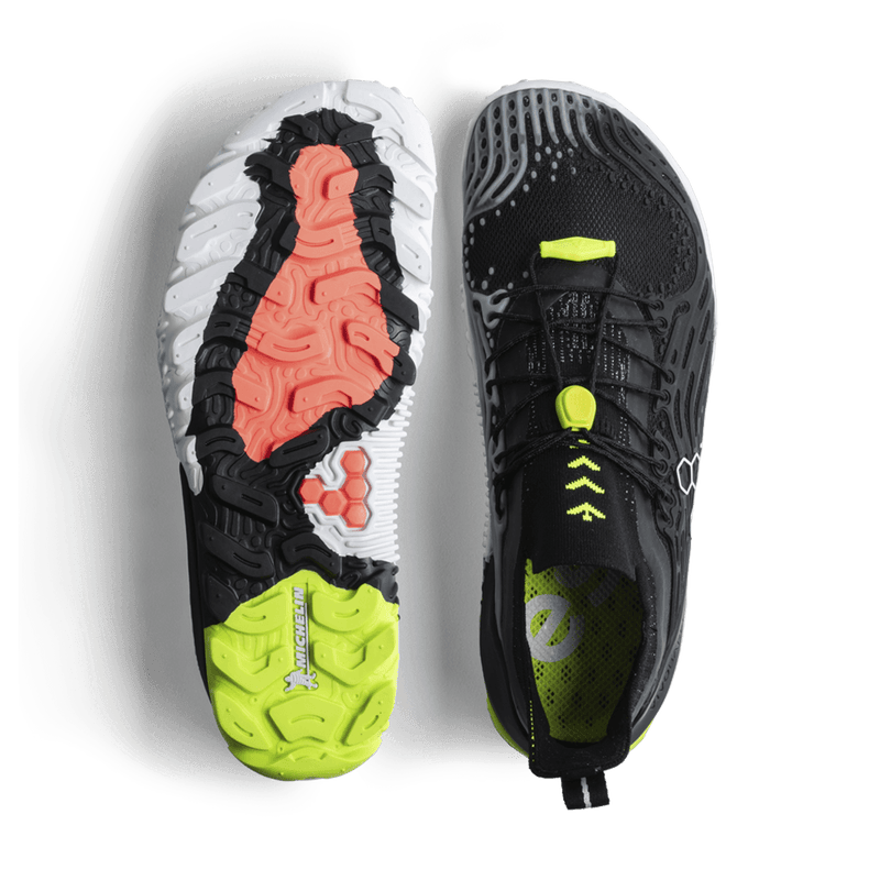 Load image into Gallery viewer, Vivobarefoot Hydra ESC Mens Barefoot Swimrun Shoes – Obsidian/Safety Yellow sole and upper view.