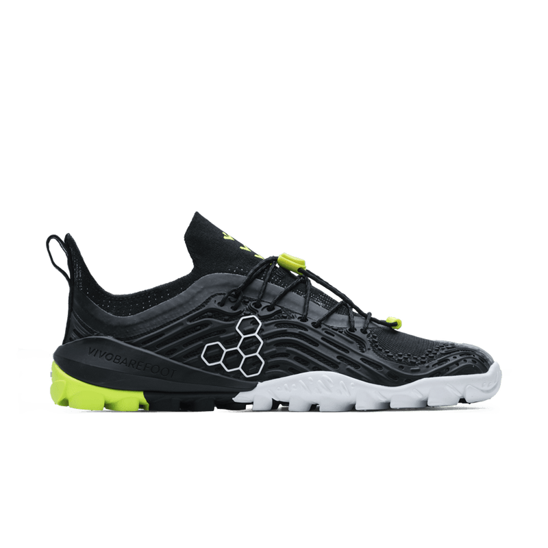 Load image into Gallery viewer, Vivobarefoot Hydra ESC Mens Barefoot Swimrun Shoes – Obsidian/Safety Yellow side view showcasing grip and drainage features.