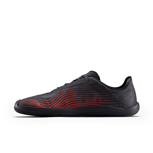 Vivobarefoot Primus Flow Mens Obsidian/Cherry Tomato side view showing its innovative design for natural running.