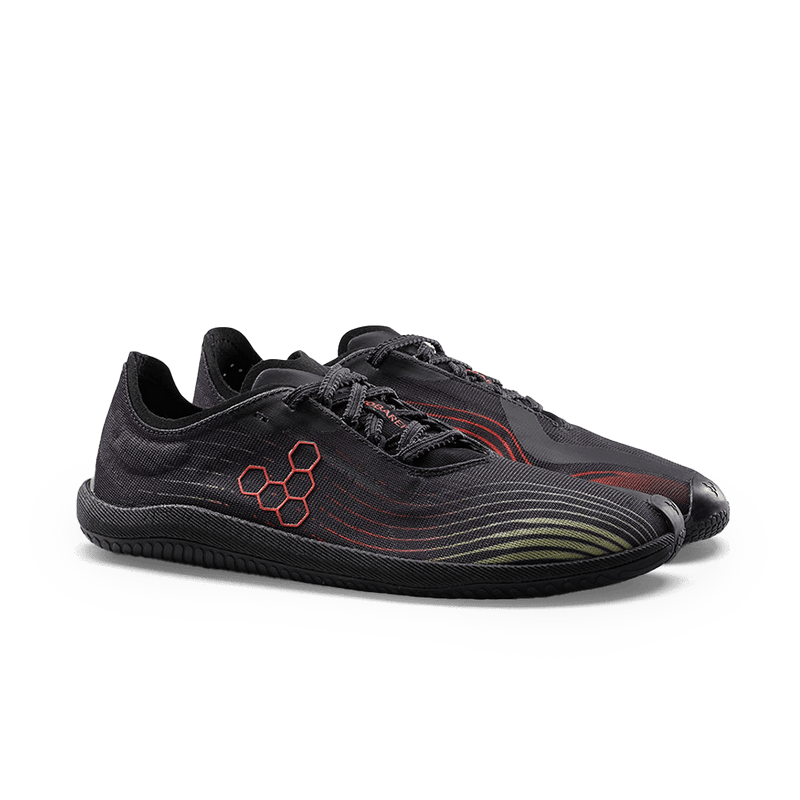 Load image into Gallery viewer, Vivobarefoot Primus Flow Mens Obsidian/Cherry Tomato side view of black and red minimalist shoes