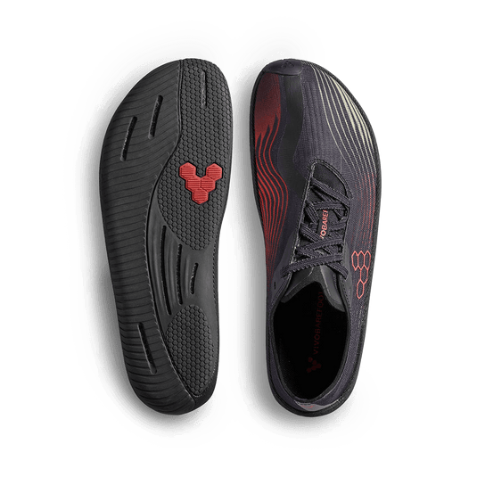 Vivobarefoot Primus Flow Mens Obsidian/Cherry Tomato running shoes, designed for natural movement and proprioception.