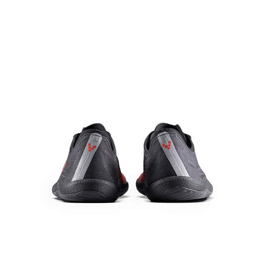 Vivobarefoot Primus Flow Mens Obsidian/Cherry Tomato rear view of shoes designed for barefoot running