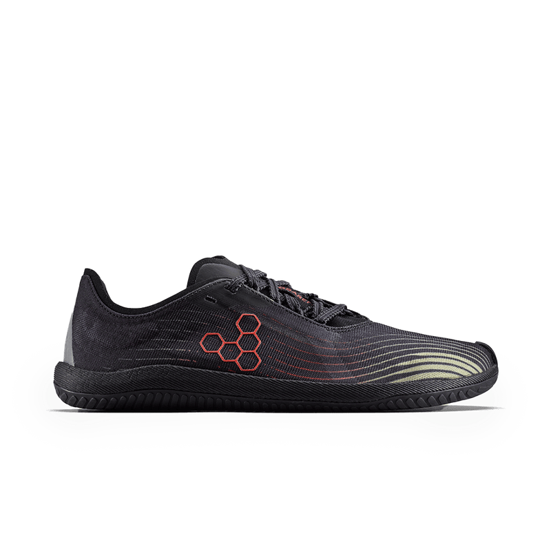 Load image into Gallery viewer, Vivobarefoot Primus Flow Mens Obsidian/Cherry Tomato side view with black and red accents