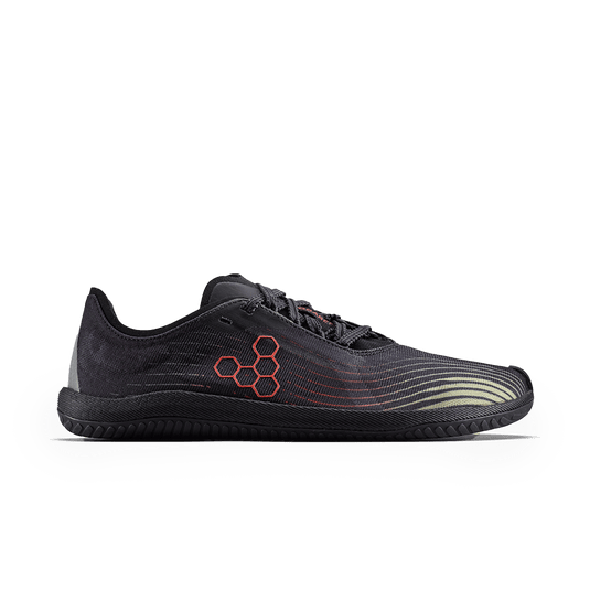 Vivobarefoot Primus Flow Mens Obsidian/Cherry Tomato side view with black and red accents