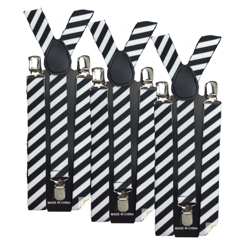 Load image into Gallery viewer, 3x Mens Suspenders Braces Adjustable Strong Clip On Elastic Formal Wedding Slim - Black/White Diagonal Stripes-1