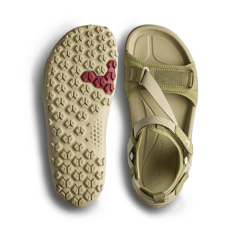 Load image into Gallery viewer, Vivobarefoot Tracker Ora Mens Barefoot Hiking Sandal – Dune showing top and sole design for hiking.