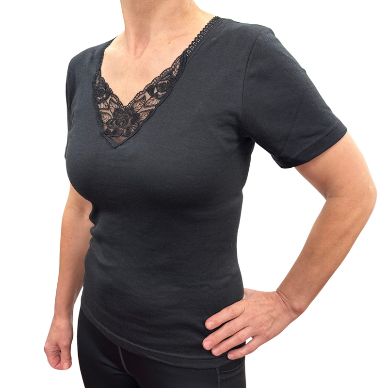 Load image into Gallery viewer, Thermo Fleece® Ladies Short Sleeve Thermal Top T Shirt w/Lace Motif - Black