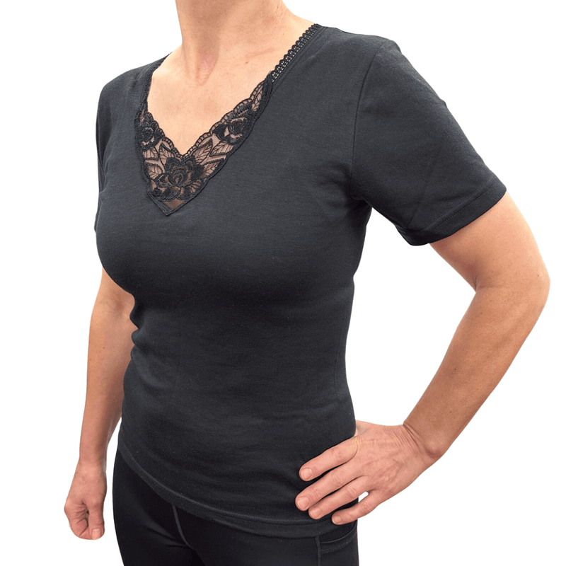 Load image into Gallery viewer, Thermo Fleece® Ladies Short Sleeve Thermal Top T Shirt w/Lace Motif - Black