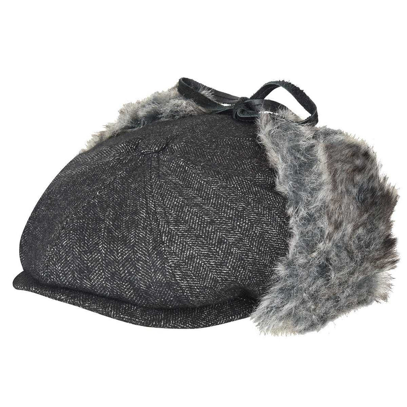 Load image into Gallery viewer, Bailey Mens Duane Ivy Flat Cap with Fold-Down Faux Fur Ear Flaps - Black