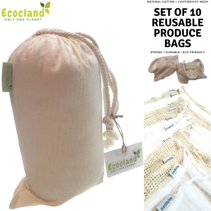 Load image into Gallery viewer, Set of 10 ECOCLAND Reusable Mesh Produce Bags Fruit Grocery Storage Washable Eco Bag