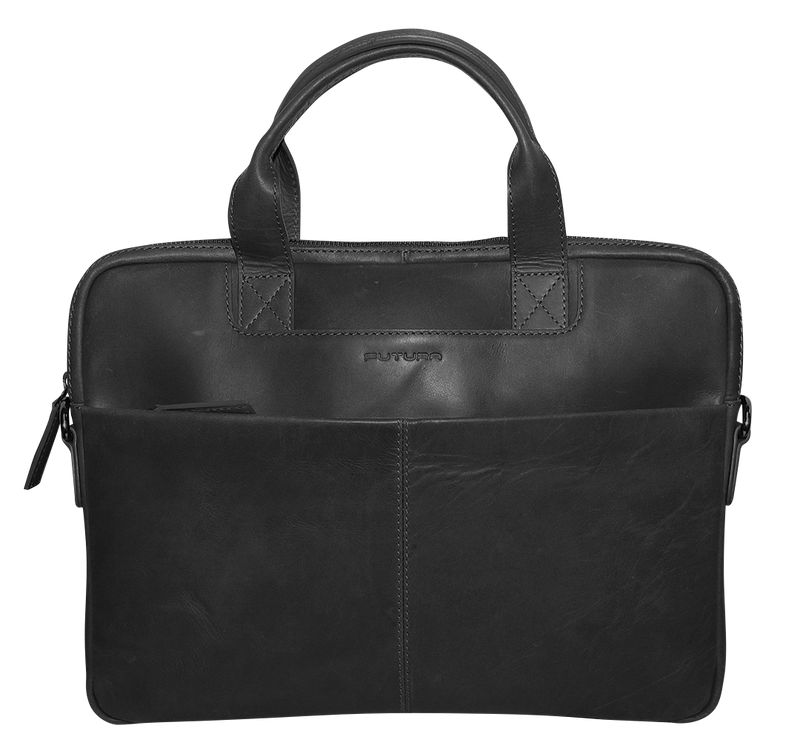 Load image into Gallery viewer, Futura Mens Slimline Leather Laptop Bag School Work Satchel Shoulder Strap - Black