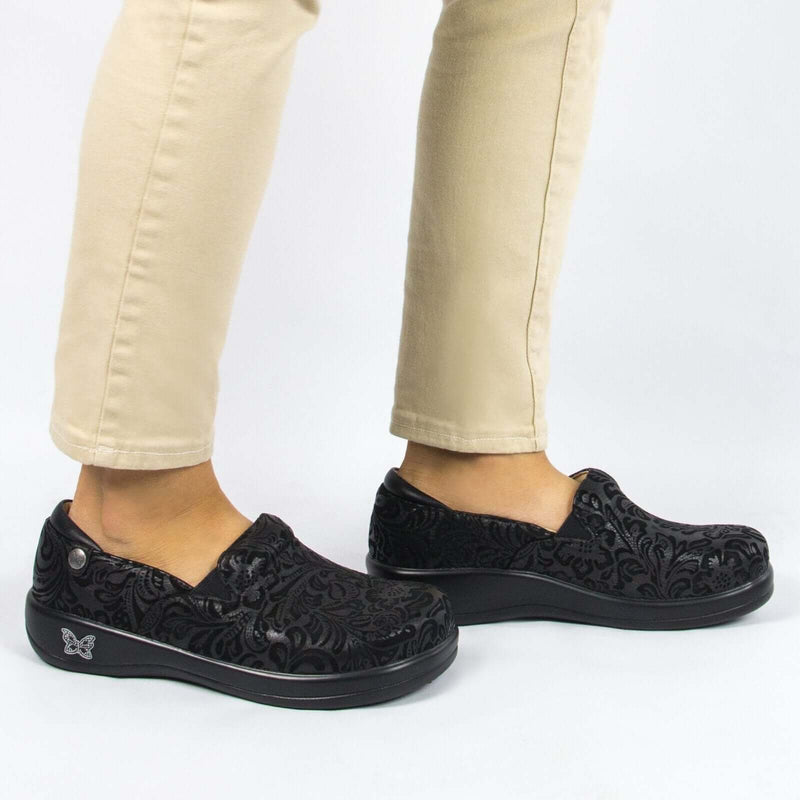 Load image into Gallery viewer, ALEGRIA Kelli Nursing Shoes Slip On Womens - Black Embossed Paisley