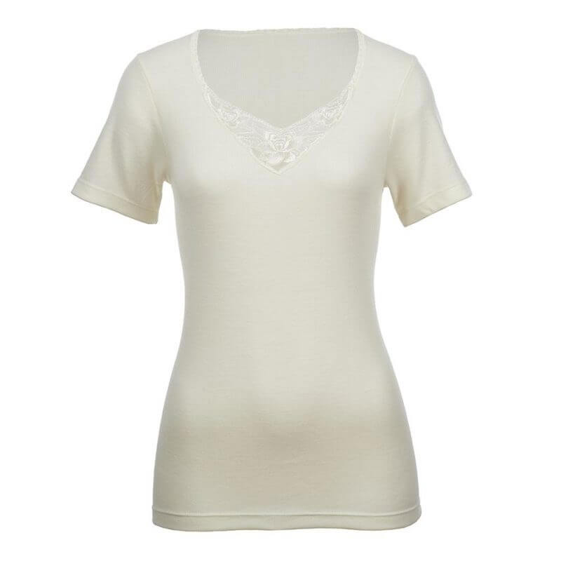 Load image into Gallery viewer, Thermo Fleece® Ladies Short Sleeve Thermal Top T Shirt w/Lace Motif - Natural
