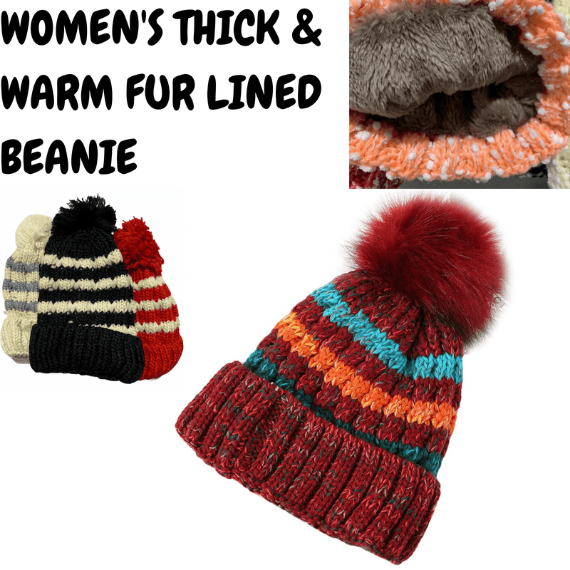 Load image into Gallery viewer, Womens Thick Knit Beanie Winter Fleece Lined Hat Warm Faux Fur Pom Striped Ski
