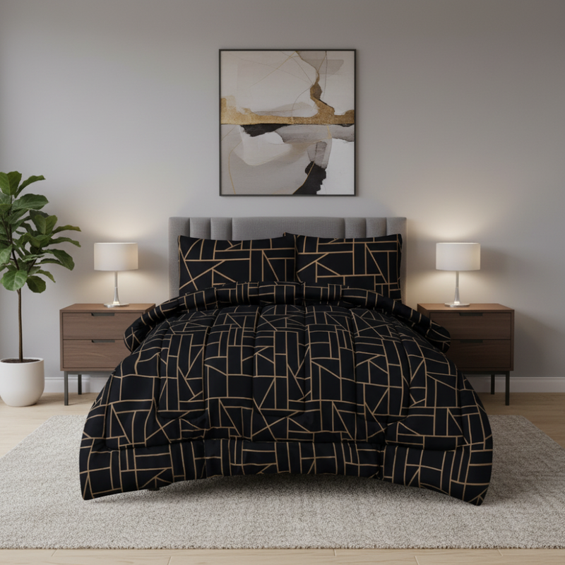 Load image into Gallery viewer, King Comforter Full Set w/ Fitted Sheet, 4 Pillow Covers & Comforter - Geometric Black (6 Piece Set)-1