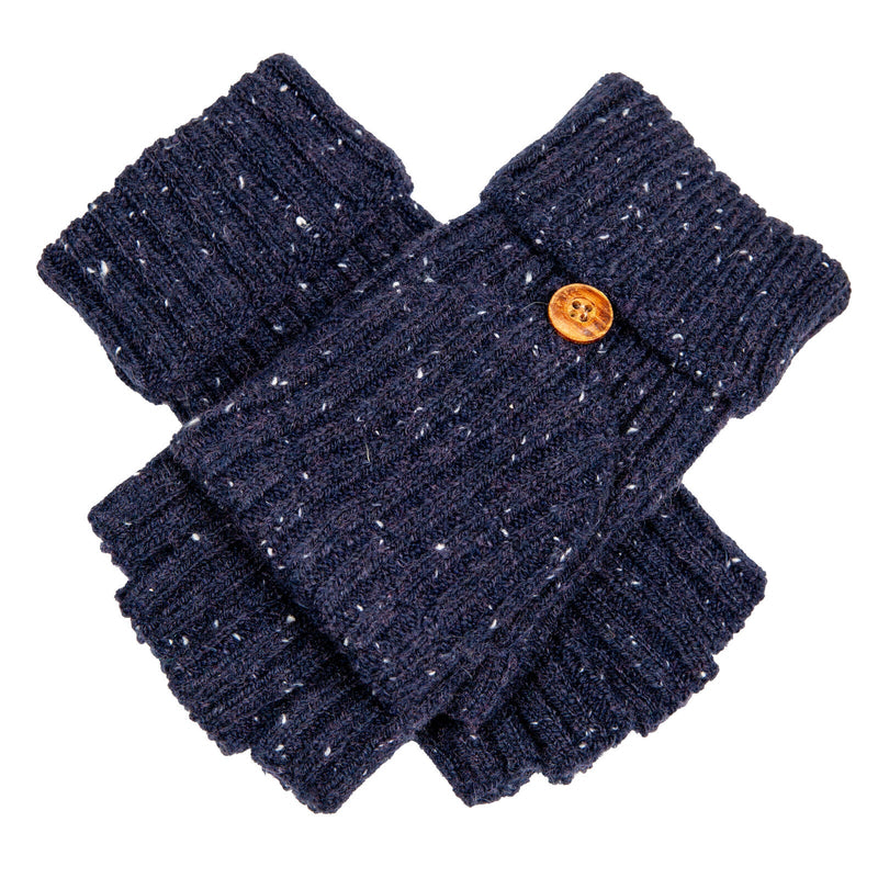 Load image into Gallery viewer, Dents Womens Ribbed Knit Wool Blend Fingerless Gloves with Marl Yarn and Mitten Flap in Navy-0