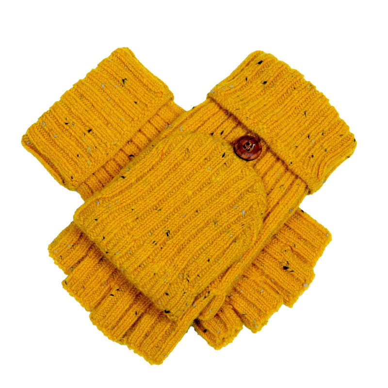 Load image into Gallery viewer, Dents Womens Ribbed Knit Wool Blend Fingerless Gloves with Marl Yarn and Mitten Flap in Ochre-1