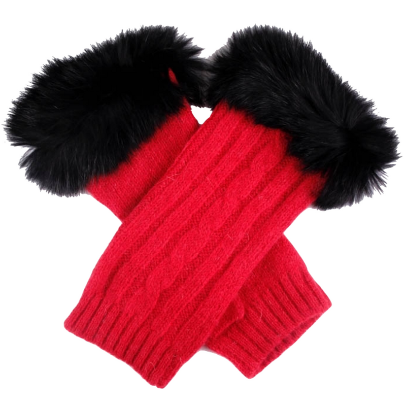 Load image into Gallery viewer, Dents Womens Wrist Warmers Lambswool Angora Cable Knit Fur Cuff - Berry/Black-4