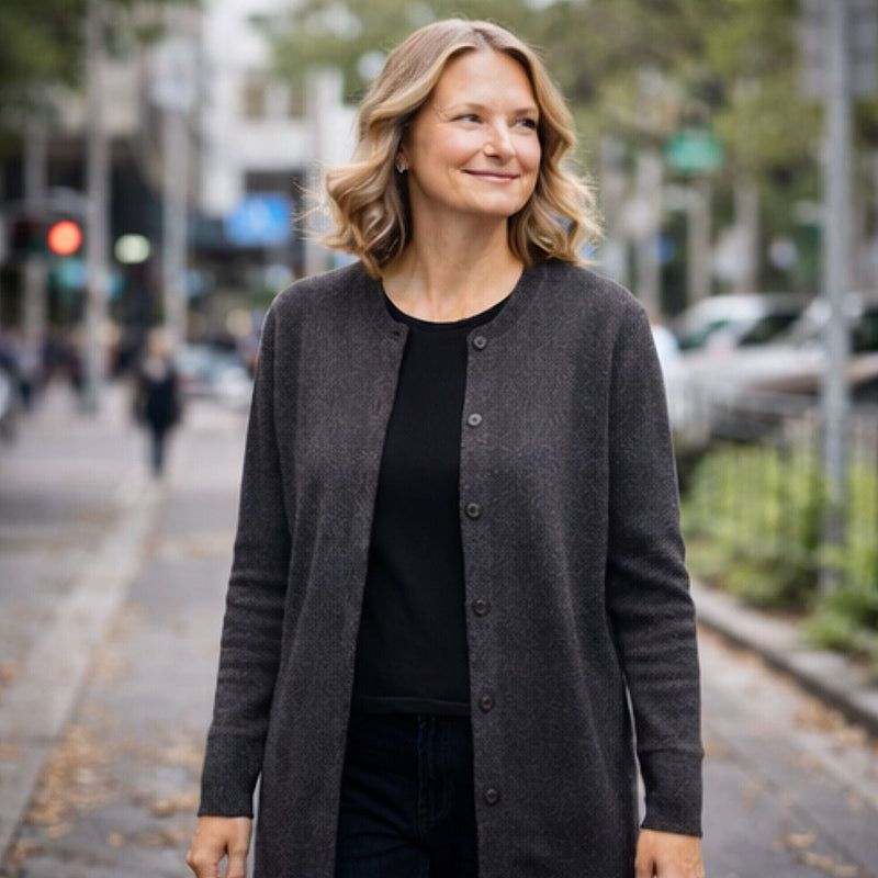 Load image into Gallery viewer, Luxury Cashmere Wool Button Cardigan (Longline) in Charcoal-3