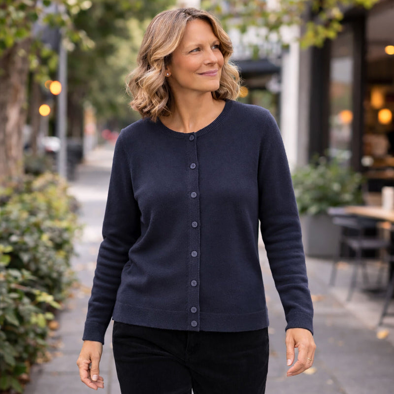 Load image into Gallery viewer, Luxury Cashmere Wool Fine Knit Button Cardigan (Regular Length) in Navy-3