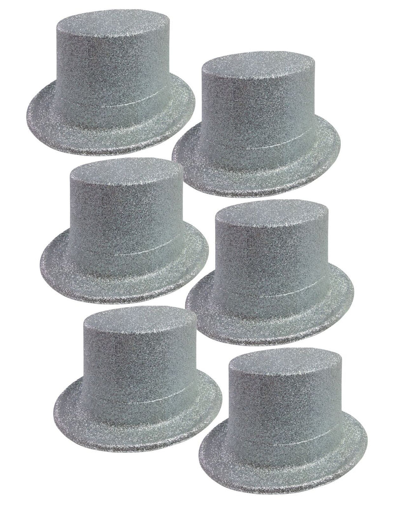 Load image into Gallery viewer, 6x GLITTER TOP HAT Fancy Party Plastic Costume Tall Cap Fun Dress Up BULK - Silver - One Size-1