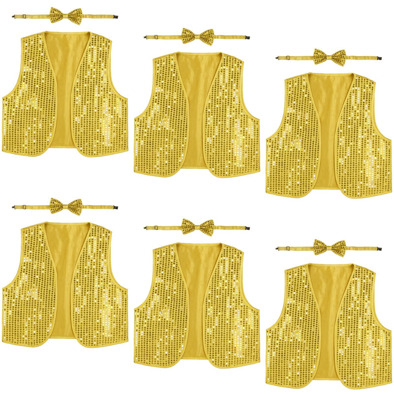 Load image into Gallery viewer, 6x Adult Unisex SEQUIN BOW TIE & VEST Dance Costume Party Sparkle Set in Gold/Yellow-0