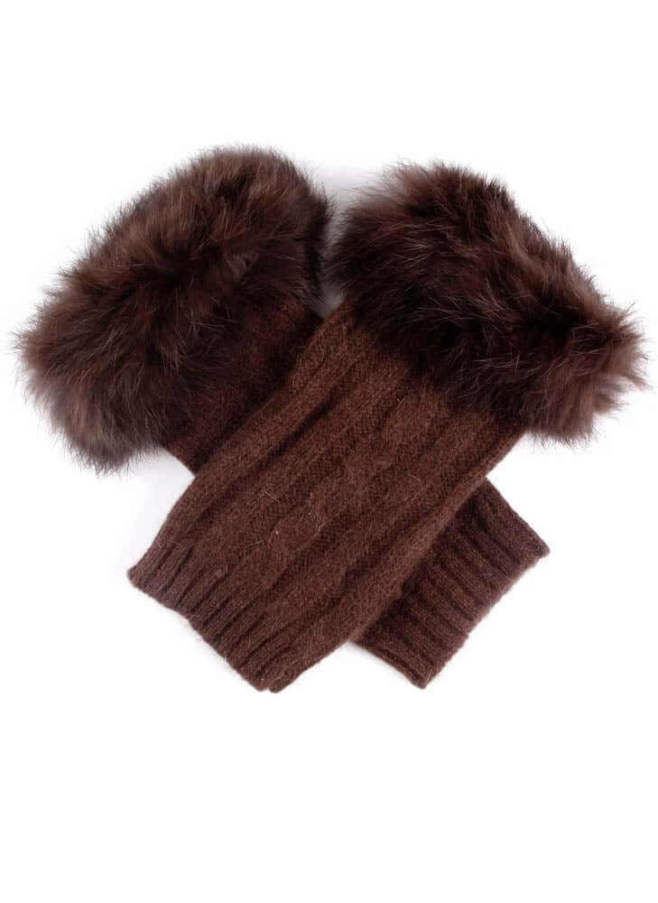 Load image into Gallery viewer, Dents Womens Lambswool Angora Cable Knit Wrist Arm Warmers With Fur Cuff