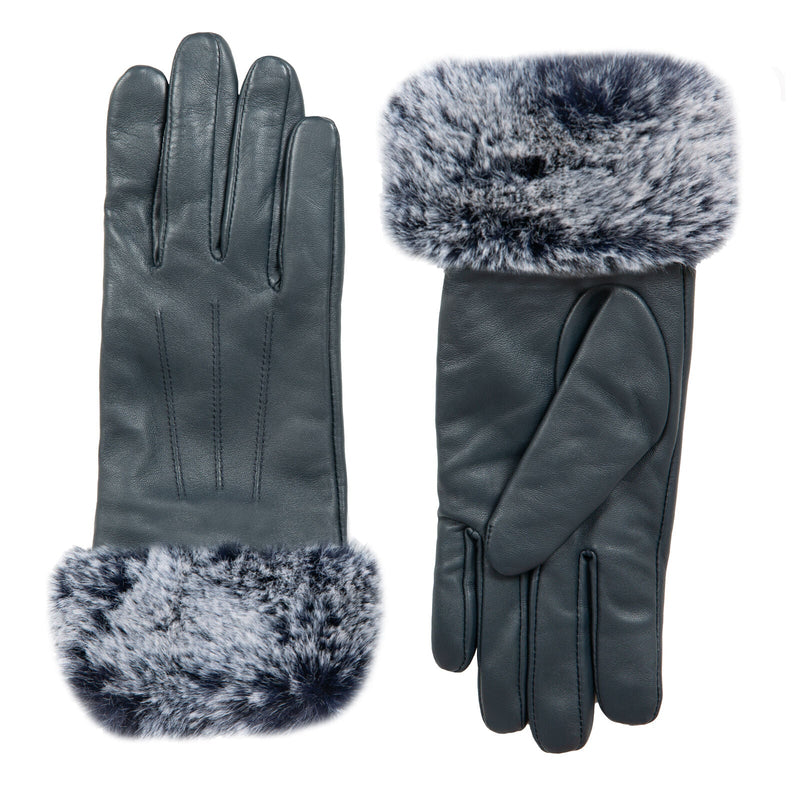 Load image into Gallery viewer, Dents Womens Touchscreen Three-Point Lined Leather Gloves with Faux Fur Cuffs In Navy-3