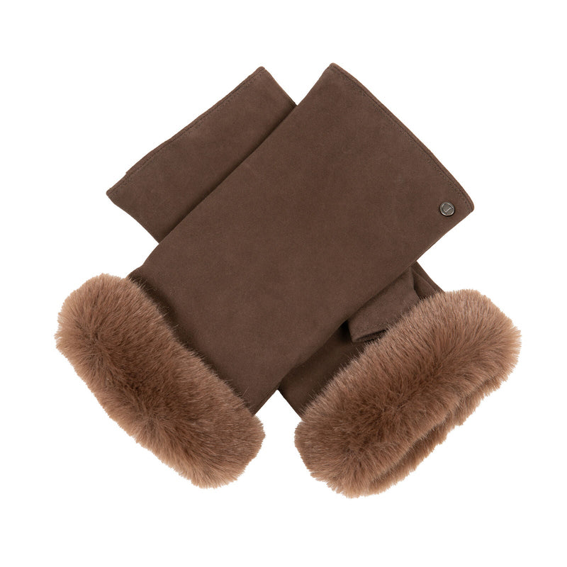 Load image into Gallery viewer, Dents Womens Fingerless Faux Fur-Lined Suede Mitten Gloves w/ Faux Fur Trim in Mocca-7
