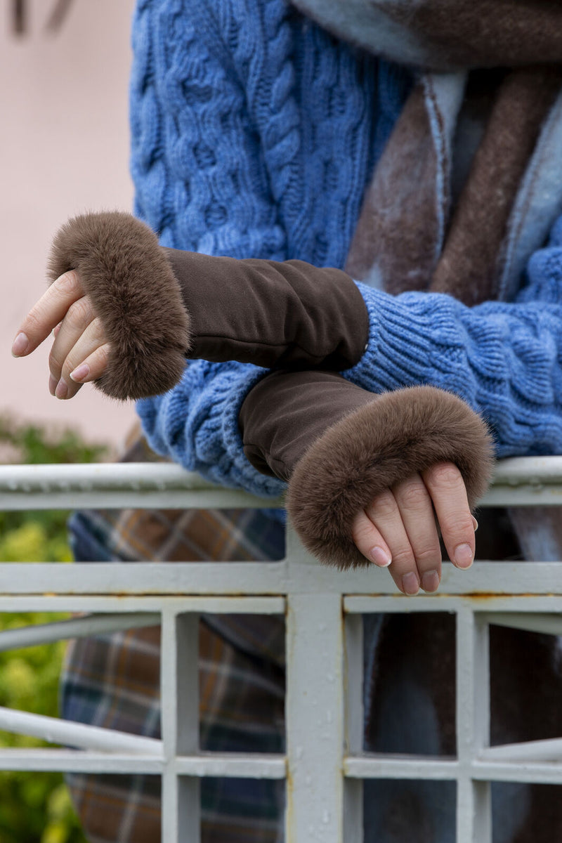 Load image into Gallery viewer, Dents Womens Fingerless Faux Fur-Lined Suede Mitten Gloves w/ Faux Fur Trim in Mocca-3