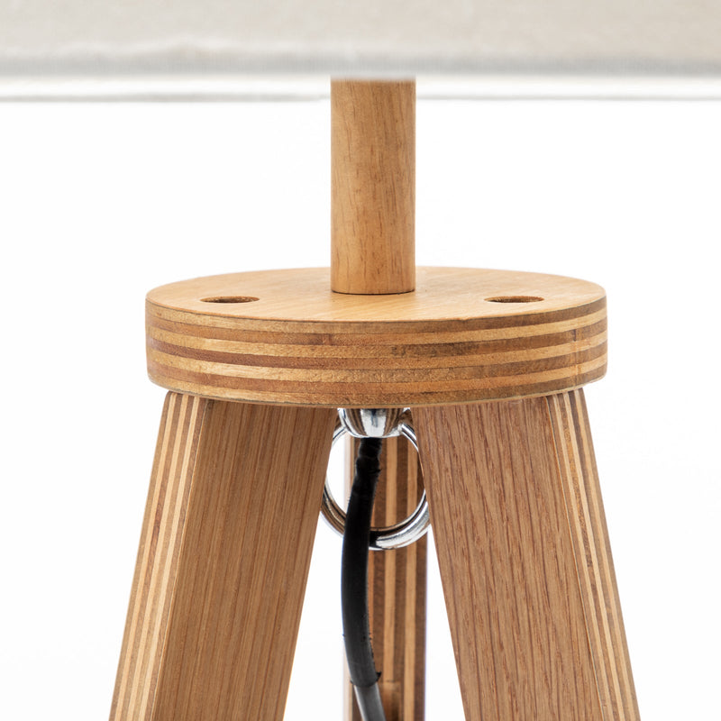 Load image into Gallery viewer, Natural Wooden Tripod Floor Lamp w/ Round Wood Shelf + Off White Linen Shade-3