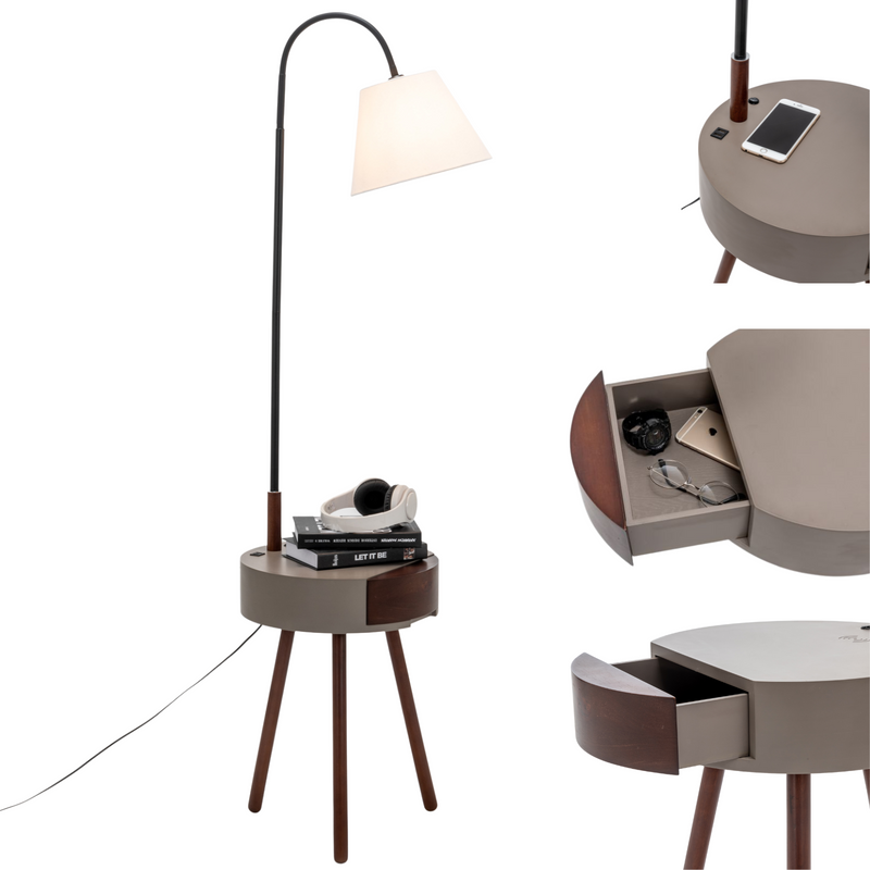 Load image into Gallery viewer, Florence Tripod Lamp Shelf Storage Drawer Bed Side Table Light w/ USB Charger-1