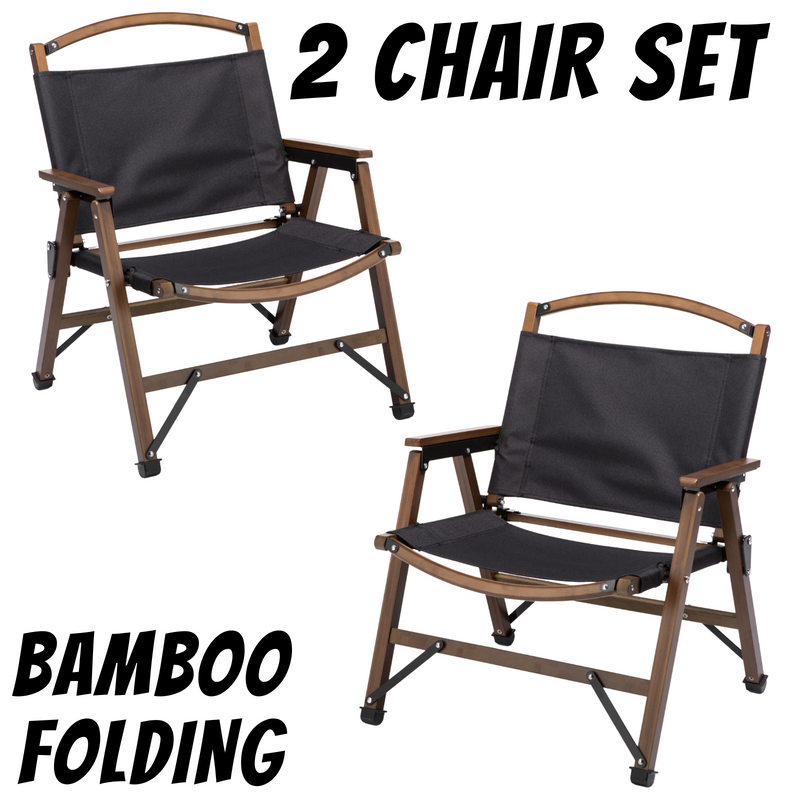 Load image into Gallery viewer, 2x Bamboo Canvas Foldable Outdoor Camping Chair Wooden Travel Picnic Park - Black-1