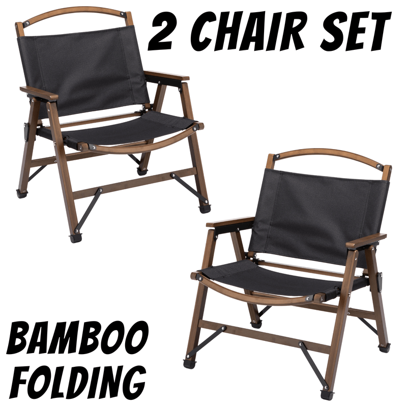 Load image into Gallery viewer, 2x Bamboo Canvas Foldable Outdoor Camping Chair Wooden Travel Picnic Park - Black-1
