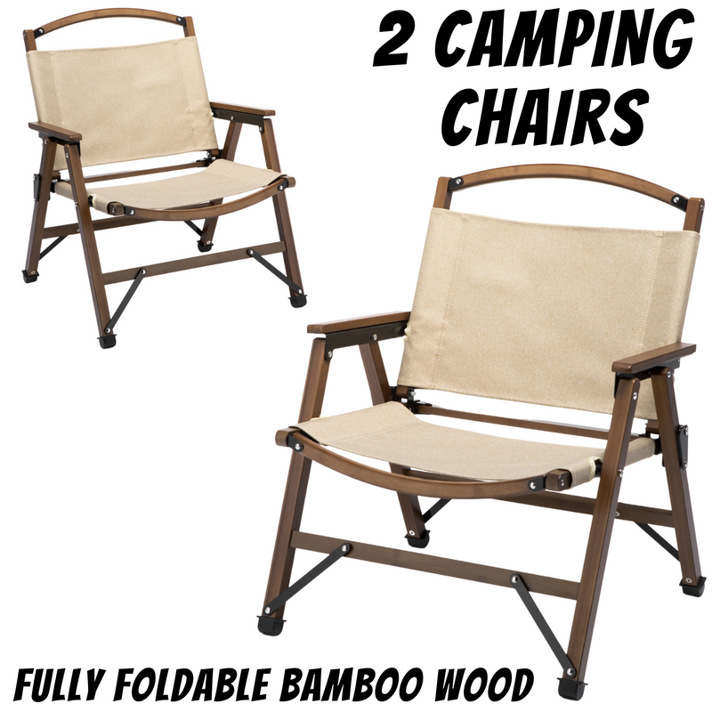 Load image into Gallery viewer, 2x Bamboo Foldable Outdoor Camping Chair Wooden Travel Picnic Park Folding - Khaki/Beige-1