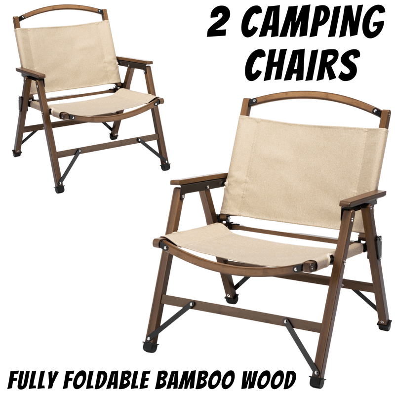 Load image into Gallery viewer, 2x Bamboo Foldable Outdoor Camping Chair Wooden Travel Picnic Park Folding - Khaki/Beige-1