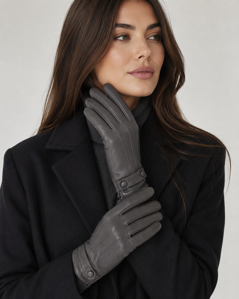 Load image into Gallery viewer, Dents Womens Leather Gloves w/ Stud Button and 3-Point Stitch Detail in Charcoal-3