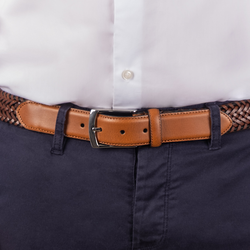 Load image into Gallery viewer, Dents Mens Woven Leather Belt with Satin Nickel Buckle in Tan-4