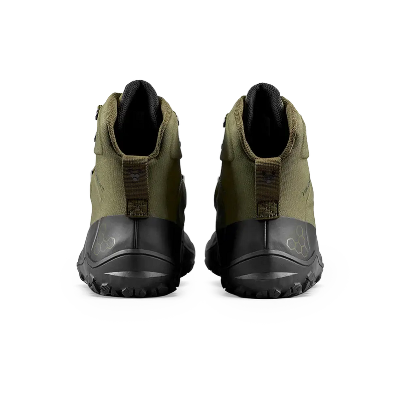 Load image into Gallery viewer, Vivobarefoot Tracker Textile AT II Men's Dark Olive waterproof hiking boots from the back view.