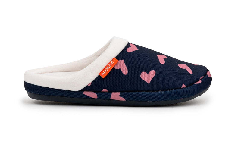 Load image into Gallery viewer, ARCHLINE Orthotic Slippers Slip On Scuffs Pain Relief Moccasins - Navy with Hearts-4