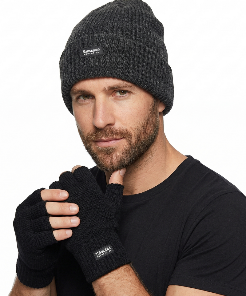 Load image into Gallery viewer, 2pcs Set 3M Thinsulate Beanie Hat + Fingerless Knit Gloves Insulation Thermal-4