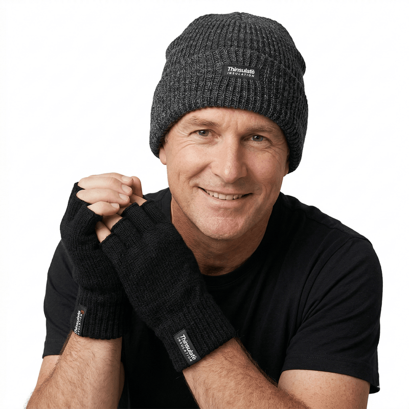 Load image into Gallery viewer, 2pcs Winter Set Mens 3M Thinsulate Beanie Hat + Knitted Fingerless Gloves Snow-0